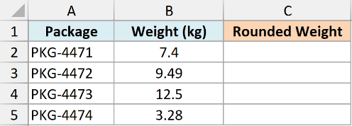 Excel table showing the round 03 dataset with Package, Weight (kg), and empty Rounded Weight columns