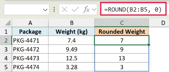 Excel formula bar showing =ROUND(B2:B5, 0) to round weights in column B to whole numbers in column C