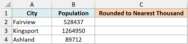Round 05 dataset showing city population data in Excel with an empty column for rounding to the nearest thousand