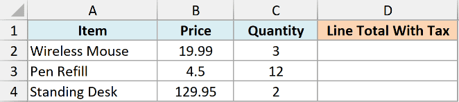 Round 07 dataset showing an Excel table with columns for Item, Price, Quantity, and empty Line Total With Tax cells