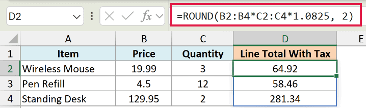 Excel formula bar showing ROUND function applied to a calculated line total with tax for items in a table