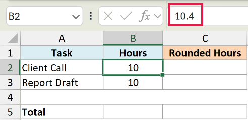 Excel cell B2 displaying 10, while the formula bar shows the hidden decimal value 10.4 inside a red box