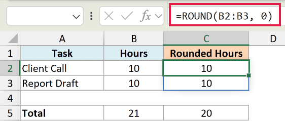 Excel formula bar showing =ROUND(B2:B3, 0) applied to a table comparing task hours to rounded hours