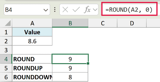 Excel formula bar showing =ROUND(A2, 0) applied to cell B4 to round the value 8.6 to the whole number 9
