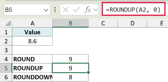 Excel formula bar showing ROUNDUP(A2, 0) applied to cell B5, which rounds the value 8.6 up to 9