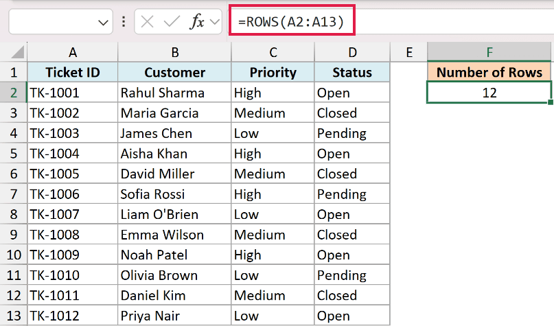 Excel formula bar showing =ROWS(A2:A13) to count the 12 rows in the ticket data range and display the result in cell F2