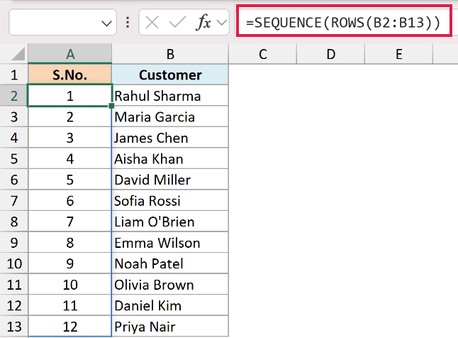 Excel formula =SEQUENCE(ROWS(B2:B13)) generating a spilled list of serial numbers 1 through 12 in column A