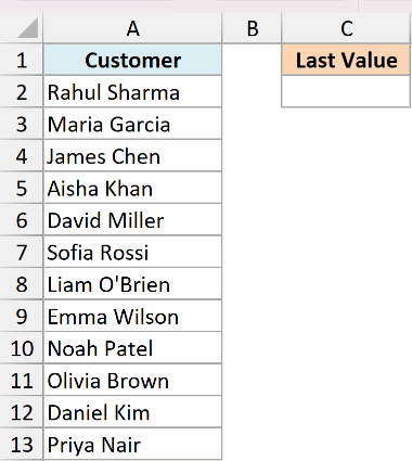 Excel sheet showing a Customer list in column A and an empty Last Value cell in C2 to demonstrate the ROWS function