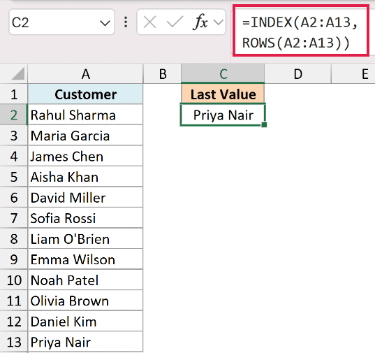 Excel formula =INDEX(A2:A13, ROWS(A2:A13)) in the formula bar returning the last value, Priya Nair, in cell C2