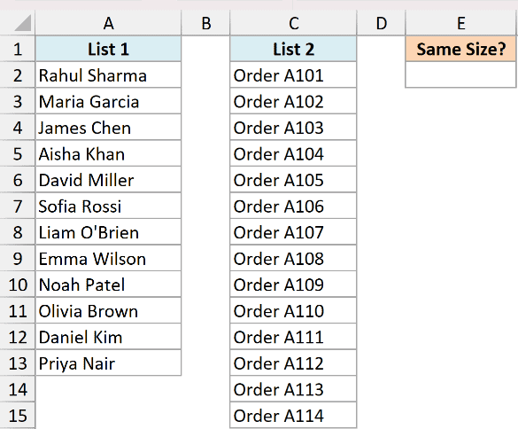 Excel dataset showing two lists of unequal length in columns A and C, with a header for comparing list sizes in column E
