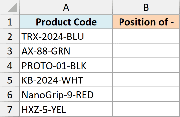 Excel dataset showing Product Code column and empty Position of - column to demonstrate SEARCH function usage