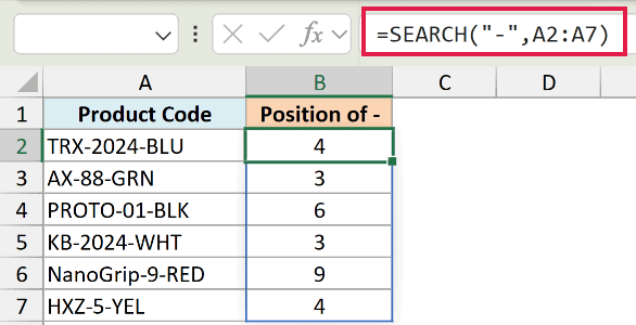 Excel formula bar showing =SEARCH("-",A2:A7) to return the position of the hyphen in product codes in column B