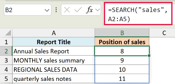 Excel formula bar showing SEARCH function with case-insensitive text matching results in column B