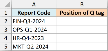 Excel dataset showing report codes in column A and empty cells in column B for SEARCH function wildcard testing