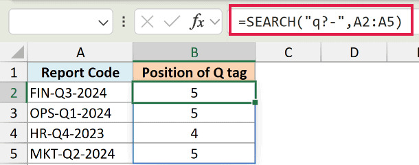 Excel formula bar showing SEARCH function with a wildcard pattern to find Q tags in column A and return positions