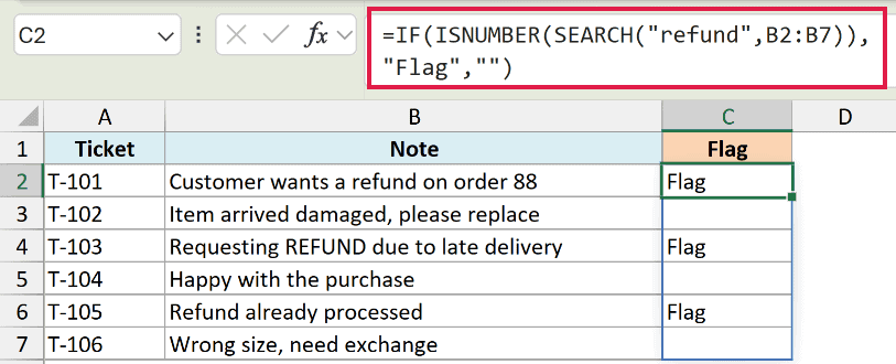 Excel formula using IF, ISNUMBER, and SEARCH to flag cells in column B containing the text refund