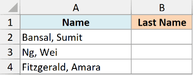 Excel dataset showing names in column A formatted as Last, First, ready for extraction into column B