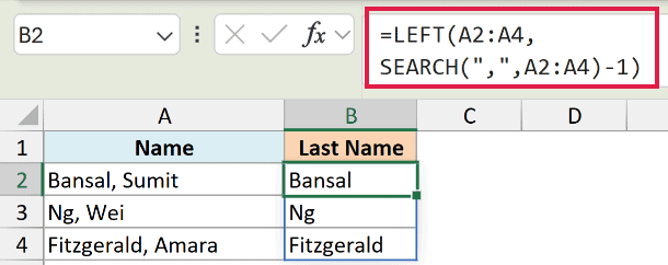 Excel formula using LEFT and SEARCH to extract text before a comma from a list of names in column A