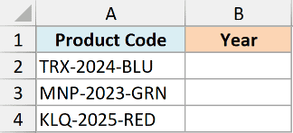 Excel dataset with Product Code in column A and empty Year column B for testing SEARCH function extraction