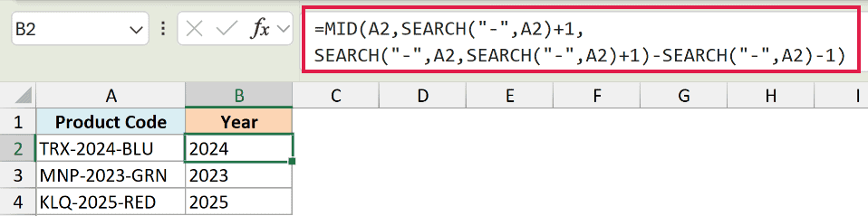 Excel formula using SEARCH and MID to extract text between hyphens in a product code, displayed in the formula bar