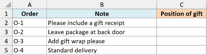 Excel table with columns Order, Note, and Position of gift, used to demonstrate SEARCH and IFERROR functions
