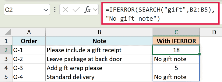 Excel formula =IFERROR(SEARCH("gift",B2:B5), "No gift note") shown in the formula bar with results in column C