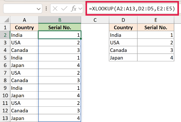 Excel formula bar showing XLOOKUP function applied to assign serial numbers to repeated country names in a table