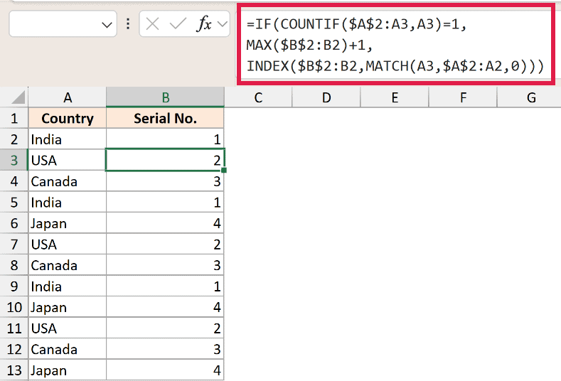 Excel formula bar highlighting a legacy IF, COUNTIF, and INDEX-MATCH formula to assign serial numbers to country names