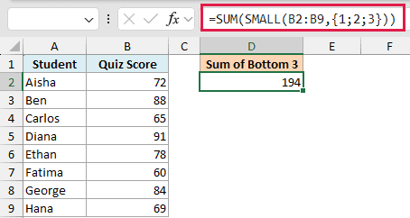 Excel formula =SUM(SMALL(B2:B9,{1;2;3})) in the formula bar calculating the sum of the three lowest quiz scores