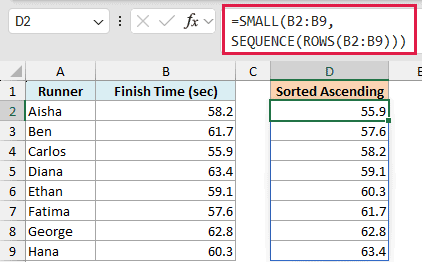 Excel formula using SMALL and SEQUENCE to spill a list of finish times sorted in ascending order in column D