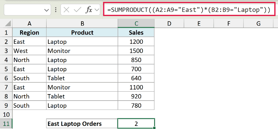 Excel formula using SUMPRODUCT to count rows matching both East region and Laptop product criteria