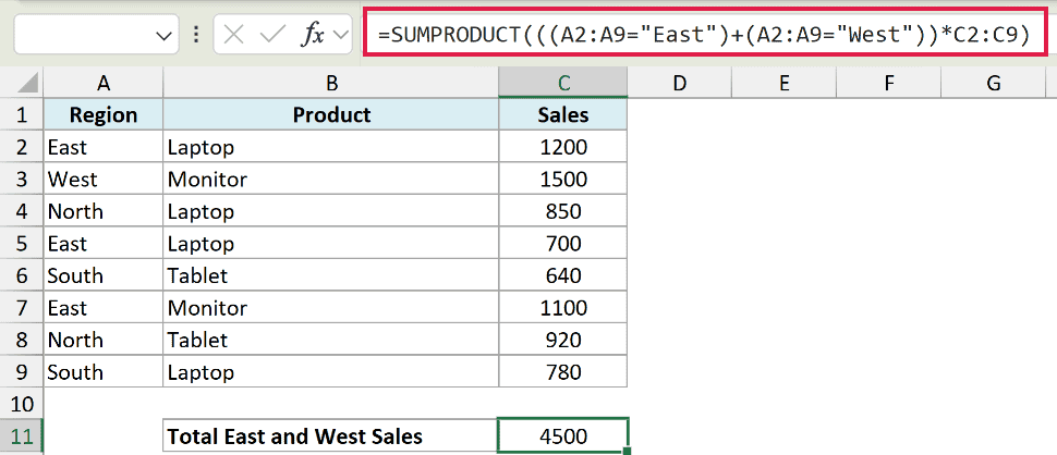 Excel formula bar showing SUMPRODUCT with an OR condition to sum sales for East or West regions