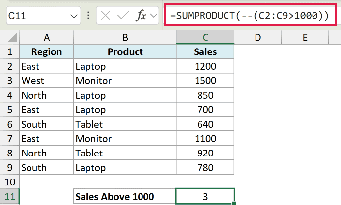 Excel formula bar showing SUMPRODUCT with double unary operator to count sales values greater than 1000 in column C