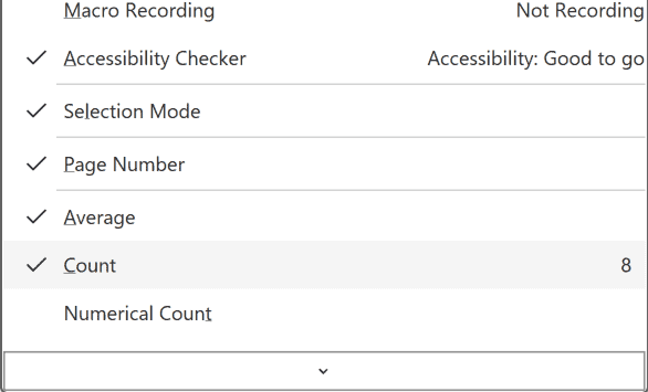 Status bar menu showing enabled options including Accessibility Checker, Selection Mode, Page Number, Average, and Count 8