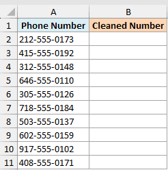 Excel dataset showing a column of phone numbers with dashes and an empty column for cleaned numbers