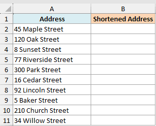 Excel dataset showing a column of full addresses with Street and an empty column for Shortened Address