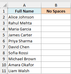 Excel dataset with Full Name in column A and empty No Spaces column B for SUBSTITUTE function practice