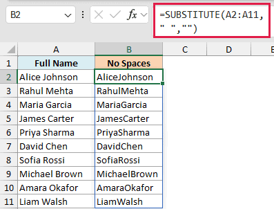 Excel formula =SUBSTITUTE(A2:A11, " ", "") used to remove spaces from full names in column B