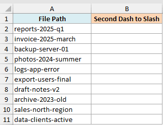 Excel dataset with file paths in column A and a header for replacing the second dash with a slash in column B