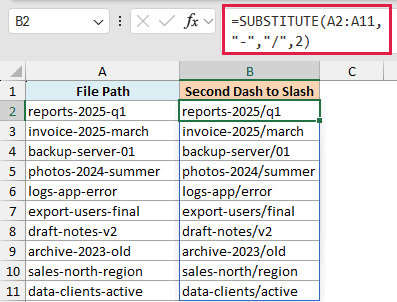 Excel formula bar showing SUBSTITUTE function replacing the second dash with a slash in a list of file paths