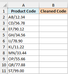 Excel dataset with Product Code column containing slashes and dots, ready for nested SUBSTITUTE function processing