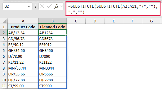 Excel formula bar showing a nested SUBSTITUTE function to remove slashes and periods from product codes in column B