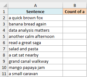 Excel dataset with 11 rows of sentences in column A and an empty Count of a column B for SUBSTITUTE function practice