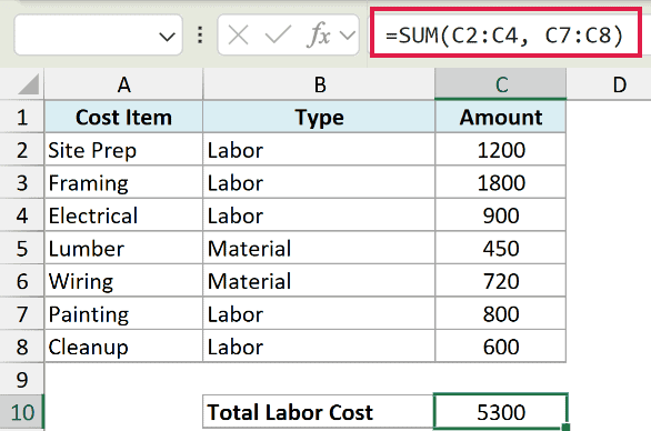 Excel formula =SUM(C2:C4, C7:C8) adding noncontiguous ranges of labor costs in column C