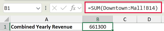 Excel formula bar showing a 3D reference =SUM(Downtown:Mall!B14) to calculate revenue across multiple sheets