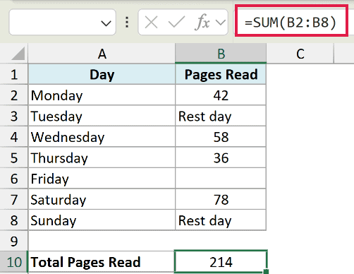 Excel formula =SUM(B2:B8) in the formula bar, showing how the function ignores text like Rest day in the calculation