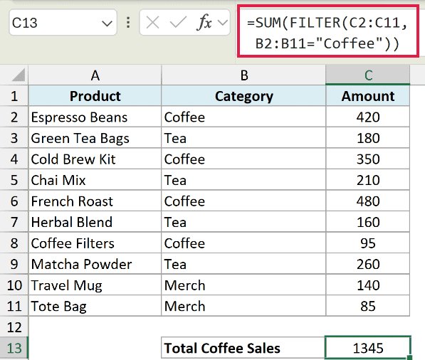 Excel formula bar showing SUM and FILTER functions to calculate total coffee sales from a product list