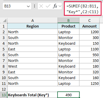 Excel formula bar showing SUMIF with Key* wildcard to sum amounts for products starting with Key in cells C2 to C11
