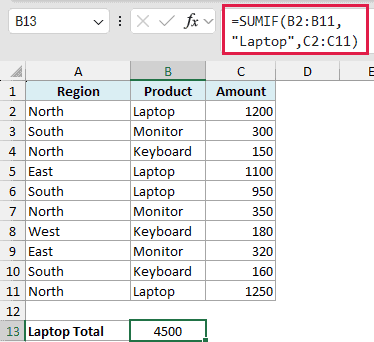 Excel formula bar showing SUMIF with a separate sum range to calculate the total for Laptop in column C