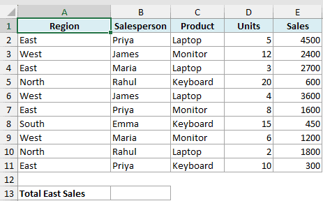 Excel dataset showing Region, Salesperson, Product, Units, and Sales columns with a label for Total East Sales